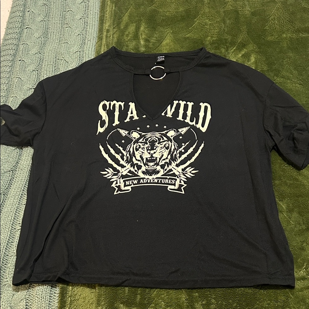 SHEIN Black Tee with Tiger and Text Design